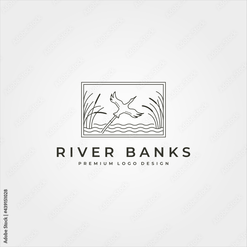 goose river banks logo vector line art symbol with frame illustration