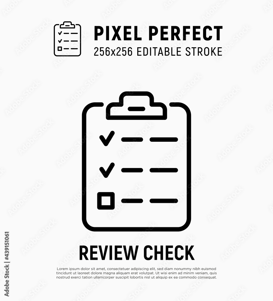 Checklist thin line icon. Sheet with check marks on clipboard. Planning, questionnaire. Pixel perfect, editable stroke. Vector illustration. Checklist thin line icon. Sheet with check marks on clipboard. Planning, questionnaire. Pixel perfect, editable stroke. Vector illustration.