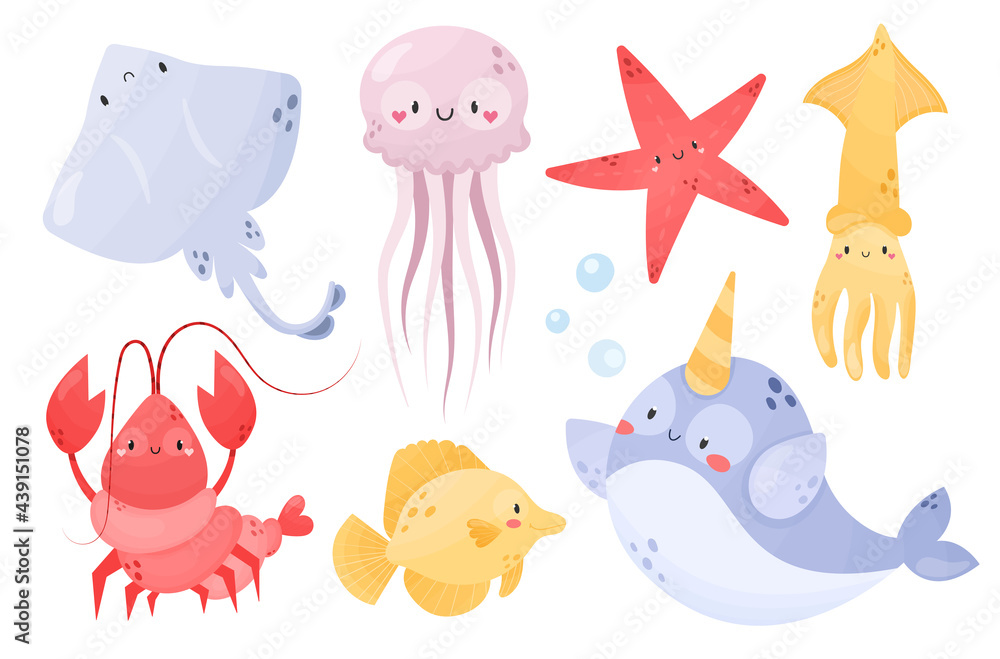 Fototapeta premium Collection of cute sea animals. Ray, Jellyfish, Starfish, Squid, Lobster, Yellow tang, Narwhal. Cartoon style vector illustration. Underwater life. Adorable character for kids, nursery, print