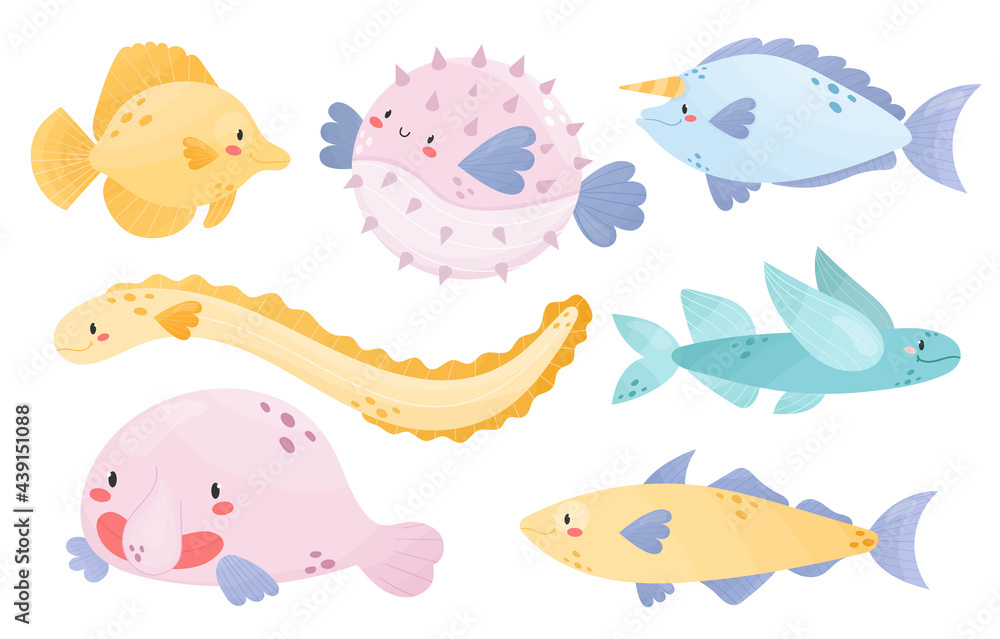 Collection of cute sea animals. Different types of  tang,  Pufferfish, Unicornfish, Ell, Flying fish, blobfish,  style  vector  character for kids, nursery Stock Vector |  Adobe Stock