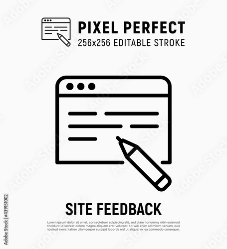 Online feedback, review on web site thin line icon. Pixel perfect, editable stroke. Vector illustration.
