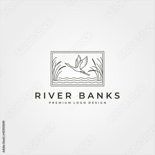 vector of goose in river plant logo design, line art flying swan logo design