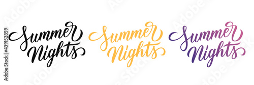Summer Nights. Creative typography isolated on white background. Hand drawn lettering for summertime season graphic design. Black, orange and color gradient. Vector illustration.