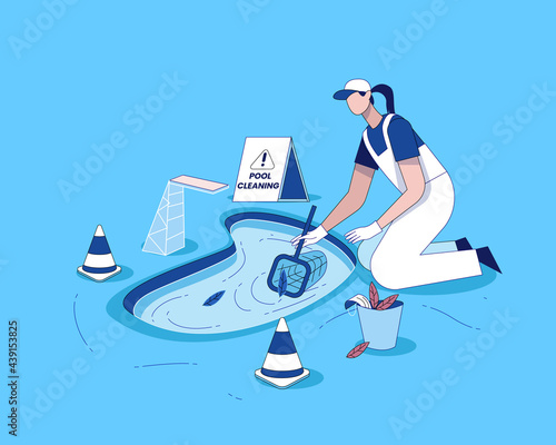 Swimming pool cleaning with cleaning equipment flat illustration vector, Pool maintenance concept, swimming pool service worker with net cleaning water