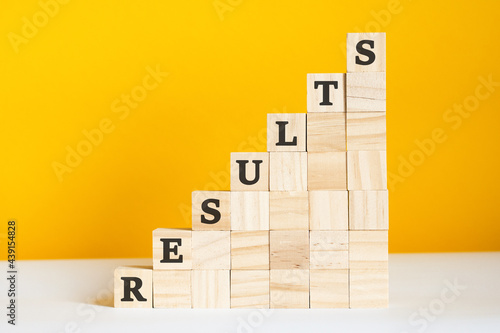 the word results is written on a wooden cubes, concept photo