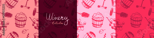 Wine pattern seamless. Winemaking illustration set. Drawings for winery, wine shop, viticulture wallpaper, label biodynamic wines. Bottle screw, barrel, grape, stopper. Wine tasting banner template.