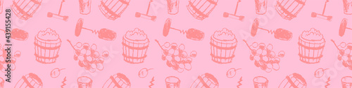 Wine pattern seamless. Winemaking illustration set. Drawings for winery, wine shop, viticulture wallpaper, label biodynamic wines. Bottle screw, barrel, grape, stopper. Wine tasting banner template.