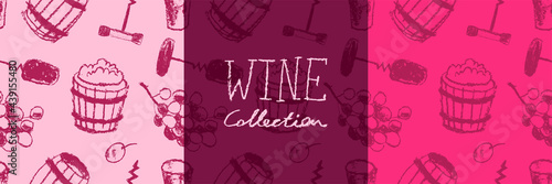 Wine pattern seamless. Winemaking illustration set. Drawings for winery, wine shop, viticulture wallpaper, label biodynamic wines. Bottle screw, barrel, grape, stopper. Wine tasting banner template.