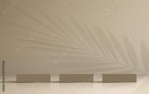 Cosmetic light brown background minimal and premium podium display for product presentation branding and packaging presentation. studio stage with shadow of leaf background. 3D illustration design