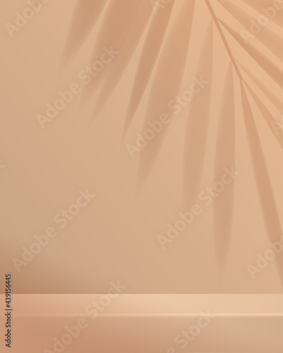 Cosmetic light brownbackground minimal and premium podium display for product presentation branding and packaging presentation. studio stage with shadow of leaf background. design