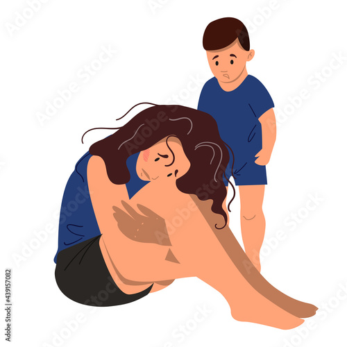 Sad mother sitting on the floor with her crying child. Postpartum depression concept. Colorful vector illustration in flat cartoon style.