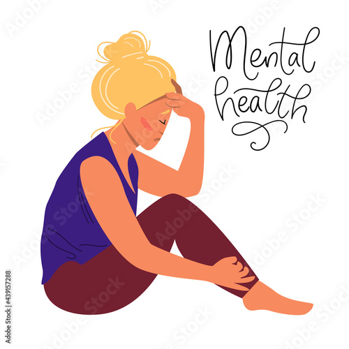 Mental health concept. Sad woman with depression sitting on the floor. Colorful vector illustration in flat cartoon style..