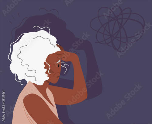 Eldery gray-haired woman with dementia and bewildered thoughts in her mind. Concept of memory loss anf fight with amnesia and mental disorder. Vector illustration.