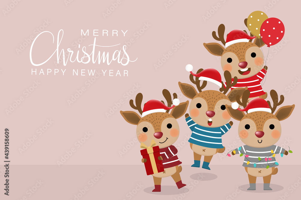 Fototapeta premium Cute deer, reindeer with red gift in winter costume. Merry Christmas and happy new year greeting card. Animal holidays cartoon character set.