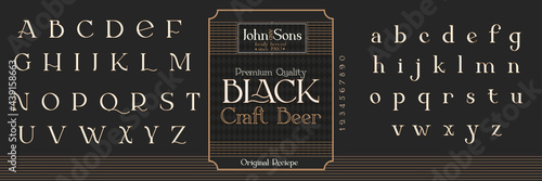 Vintage decorative font Offtime. Retro typerface. Elegance serif alphabet. Vector font for label, branding, tags, t-shirt, alcohol bottle.
