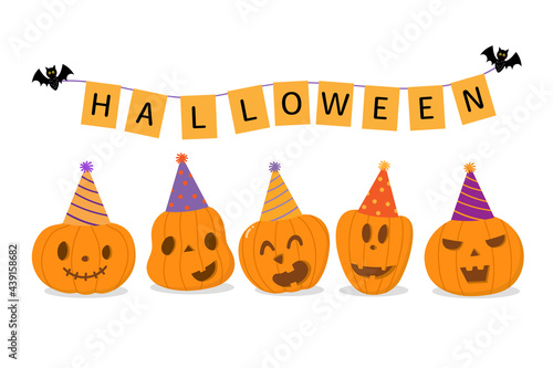 Happy halloween greeting card with cute pumpkin and party hat. Holidays cartoon character. -Vector
