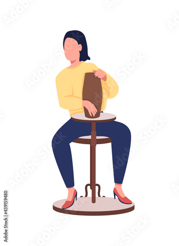 Woman in pottery class semi flat color vector character. Young lady figure. Full body person on white. Working with clay isolated modern cartoon style illustration for graphic design and animation