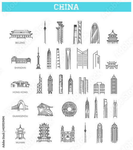 Fotografia, Obraz Simple linear Vector icon set representing global tourist asian landmarks and tr