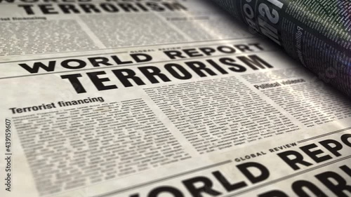 World terrorism and political violence daily newspaper report roll printing. Abstract concept 3d rendering seamless looped animation. photo