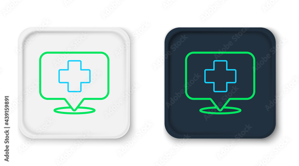Line Medical map pointer with cross hospital icon isolated on white background. Colorful outline concept. Vector Line Medical map pointer with cross hospital icon isolated on white background. Colorful outline concept. Vector