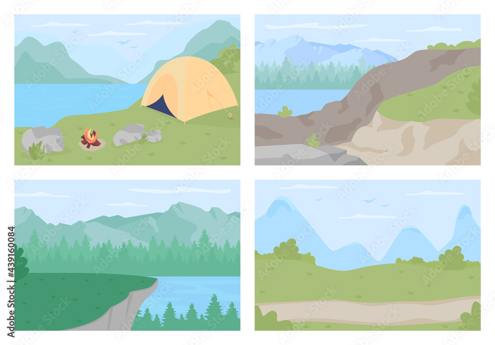 Countryside vacation flat color vector illustration set. Scenic highlands for hiking trips. Trekking trails in forest. Spring and summer 2D cartoon landscape with mountains on background collection