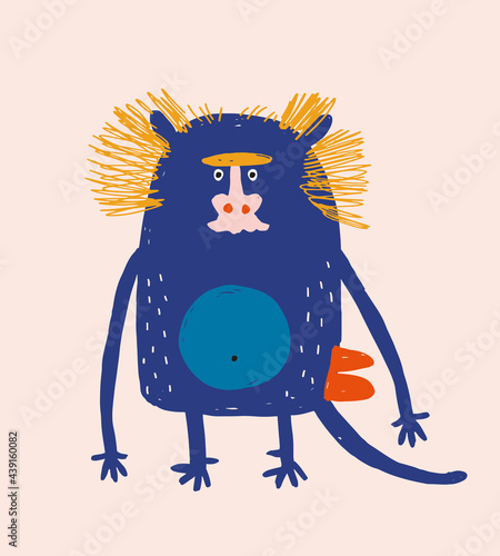 Cute Simple Vector Illustration with Blue Baboon with Red Butt Isolated on a Pastel Pink Background. Simple Nursery Art for Kids. Print with Funny Monkey ideal for Wall Art, Card, Poster, Decoration.