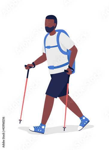 Man hiking semi flat color vector character. Trekker with walking sticks figure. Full body person on white. Outdoor activity isolated modern cartoon style illustration for graphic design and animation