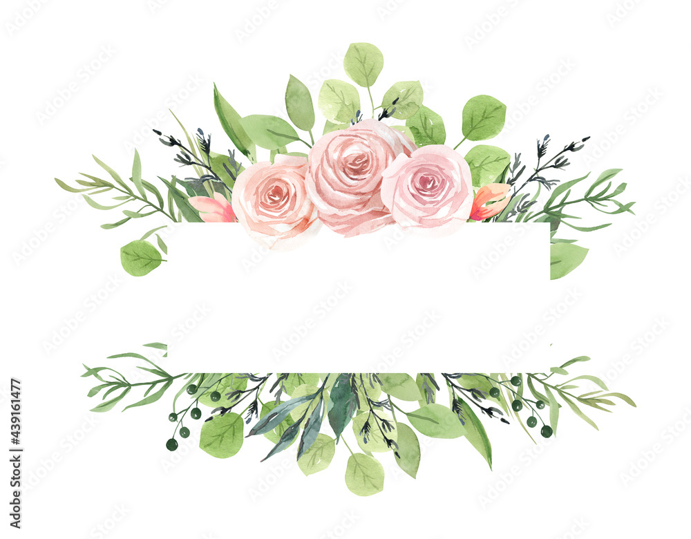 Fototapeta Ręcznie rysowane akwarela rama róż, zielonych liści, gałęzi, ziół. Różowe kwiaty. Liście, owalna rama, kwadratowa rama. Na zaproszenia, kartki okolicznościowe, plakaty, wizytówki