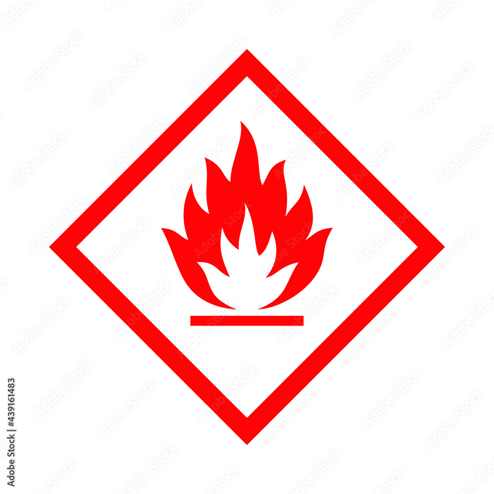 Flammable sign. Flame image. Hazard class 2 (gases), class 3 (liquid), class 4 (solid materials). Red vector sign. The danger. Flammable sign. Flame image. Hazard class 2 (gases), class 3 (liquid), class 4 (solid materials). Red vector sign. The danger.