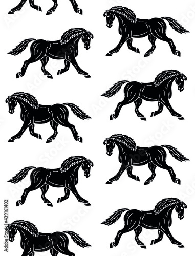 Vector seamless pattern of black hand drawn doodle sketch draft horse isolated on white background