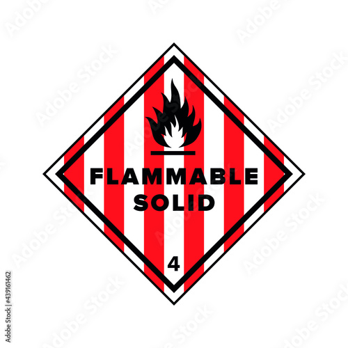 Flammable sign. Flame image. Hazard class 4 (solid materials). Vector striped sign. Danger.