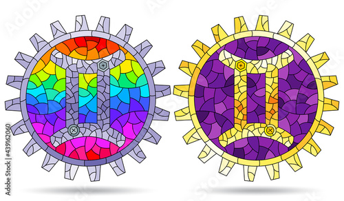 Illustration in the style of a stained glass window with a set of zodiac signs Libra, figures isolated on a white background