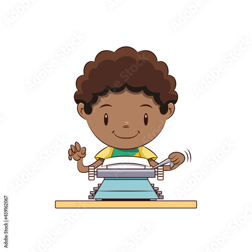 Boy writing on typewriter, happy cute child