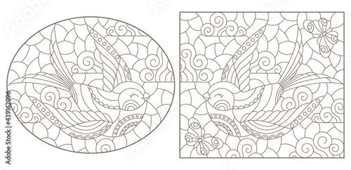 A set of contour illustrations in the style of a stained glass window with swallows on a cloudy sky background, dark outlines on a white background