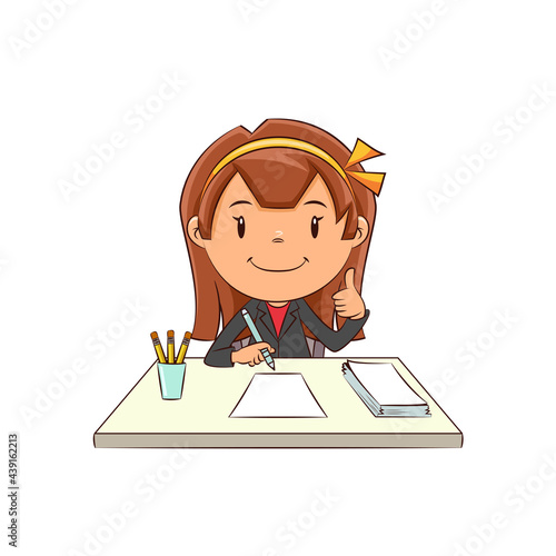Businesswoman working at desk, happy cute child