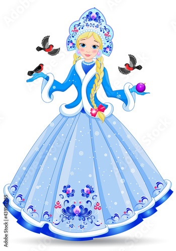 Illustration with a beautiful princess in a blue dress ,girl isolated on white background