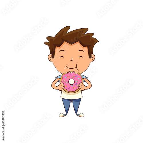 Child eating donut, happy cute kid