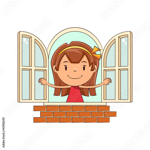 Girl opening window, happy cute child
