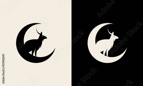 deer logo design template vector illustration of deer head silhouette on circle, moon concept.