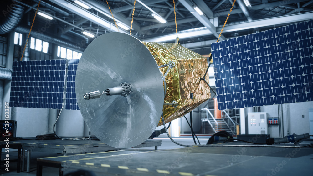 Satellite Under Construction in Aerospace Technology Manufacturing