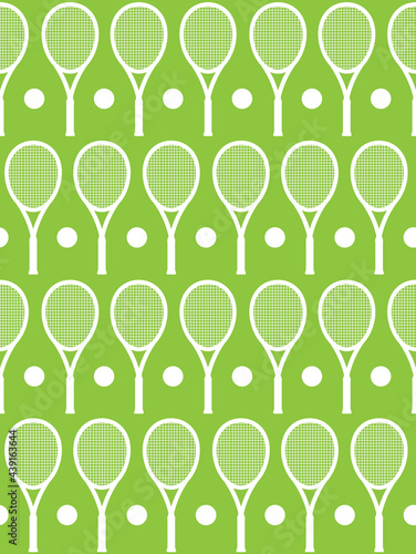 Vector seamless pattern of white tennis ball and racket silhouette isolated on green background