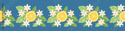 seamless border of citrus slices, blossoming lemon flowers. vector illustration.