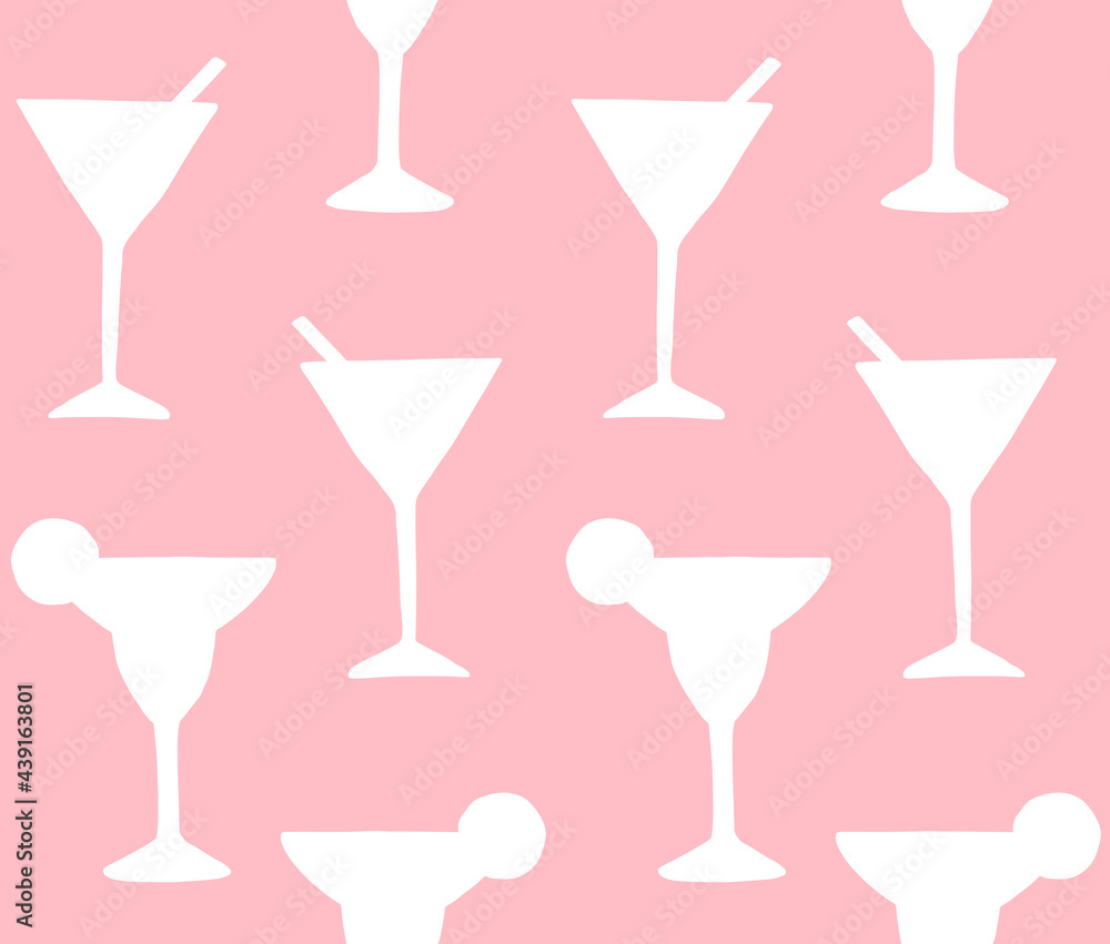 Vector seamless pattern of hand drawn doodle sketch margarita and martini cocktail silhouette isolated on pink background Vector seamless pattern of hand drawn doodle sketch margarita and martini cocktail silhouette isolated on pink background