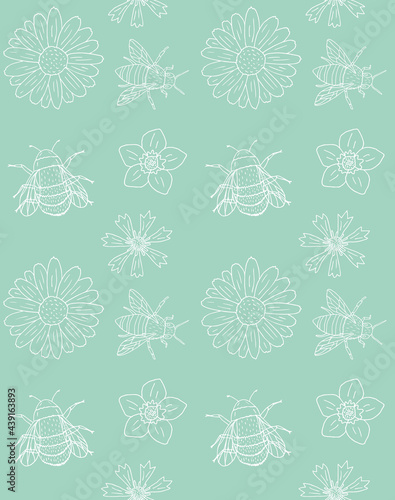 Vector seamless pattern of white hand drawn doodle sketch flowers and bee bumblebee insects isolated on mint green background