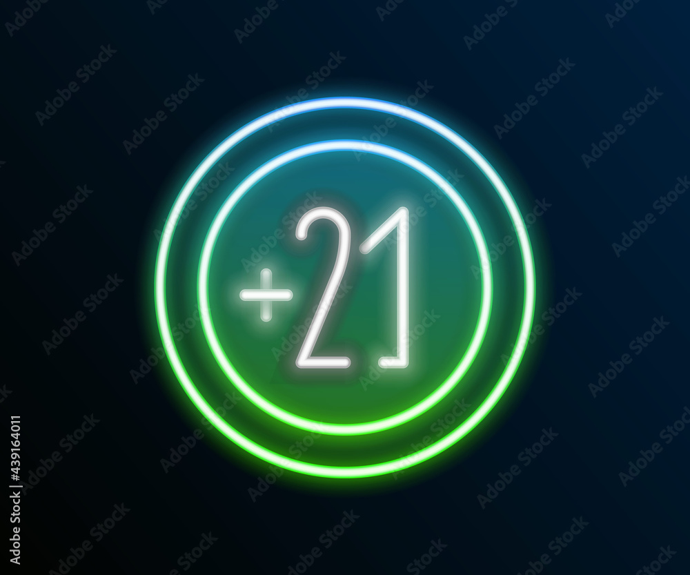 Glowing neon line Alcohol 21 plus icon isolated on black background. Prohibiting alcohol beverages. Colorful outline concept. Vector Glowing neon line Alcohol 21 plus icon isolated on black background. Prohibiting alcohol beverages. Colorful outline concept. Vector