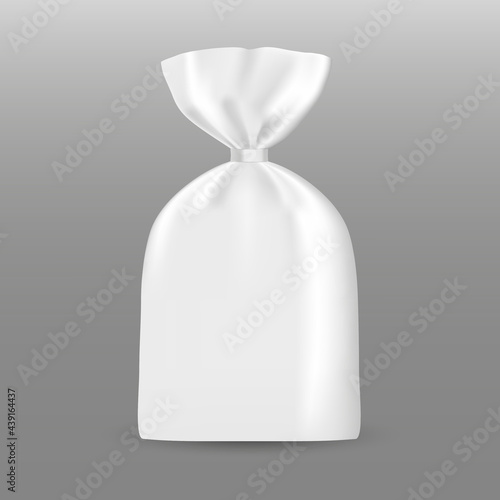 White package mockup with clip. Vector 3d realistic. Blank template. Plastic or cellophane bag packaging for various products. Ready for your design. EPS10. 