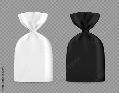 Black and white packages with clip. Vector 3d realistic isolated on transparent. Mockup. Blank template. Plastic or cellophane bag packaging for various products. Ready for your design. EPS10. 