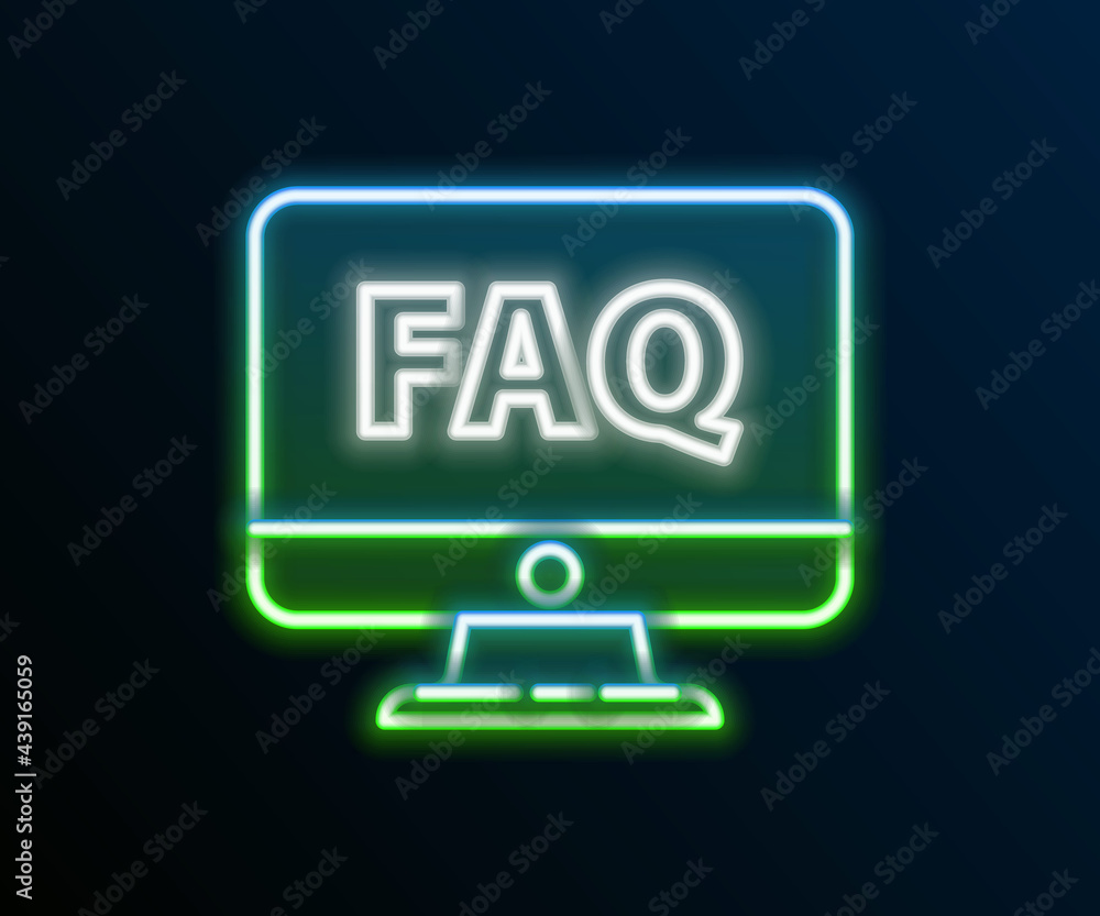 Glowing neon line Computer monitor and FAQ icon isolated on black background. Adjusting, service, setting, maintenance, repair, fixing. Colorful outline concept. Vector Glowing neon line Computer monitor and FAQ icon isolated on black background. Adjusting, service, setting, maintenance, repair, fixing. Colorful outline concept. Vector