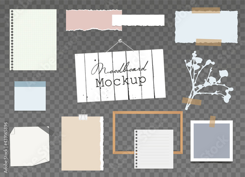 Mood board template with different pieces of torn paper, multi-colored notes on sticky tape, wooden frame, photo card and flower branch.Blank templates isolated on transparent. Vector realistic. EPS10 photo