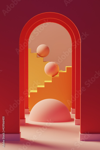 Surreal interior in warm color palette. 3D illustration.